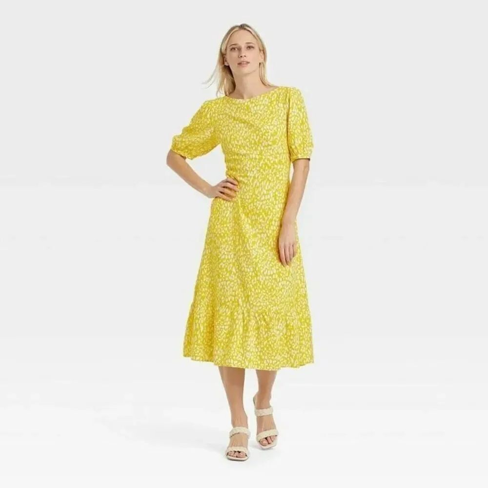 Who What Wear Women's Bishop Elbow Sleeve Tie-Back Dress Yellow  SZ S